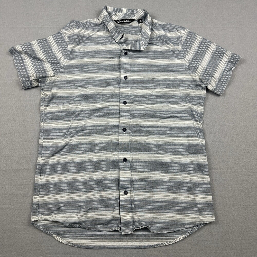 Travis Mathew Shirt Men Medium Blue Stripe Short Sleeve Golf Button Up M